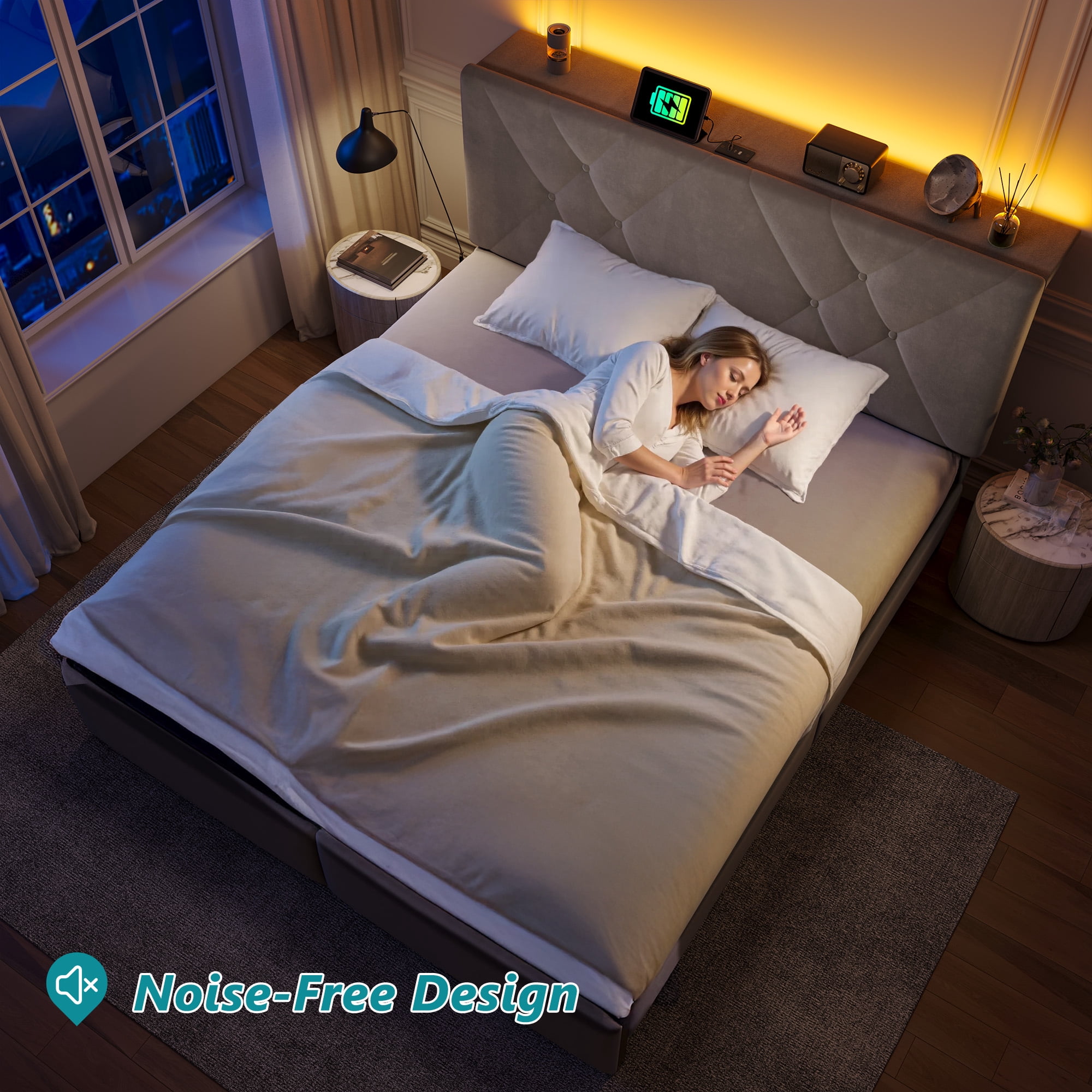 EnHomee Queen Size Bed Frame with 2 Drawers &  Storage Platform Upholstered Bed Frame Queen with Headboard Queen Bed Frame with LED Lights & Charge Station, No Box Spring Needed, No-Noise, Gray