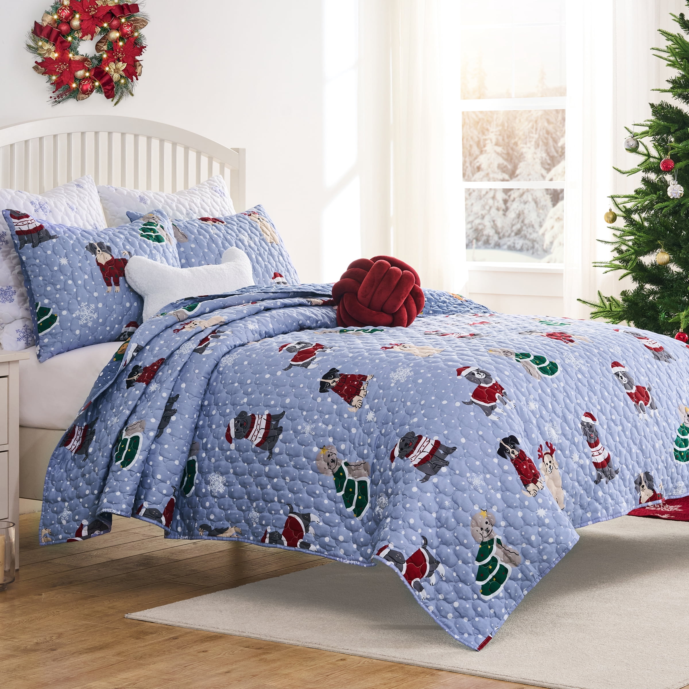 Greenland Home Fashions Winter Whiskers Holiday Dogs & Cats Pet Lovers' Quilt Set, 3-Piece Full/Queen