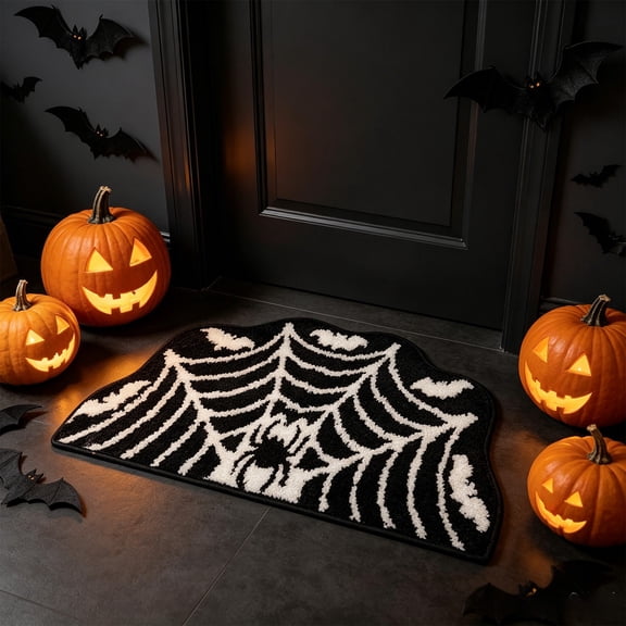 Taotanxi Spider Web Bath Mat, Halloween Bathroom Rug 15x23 Inches, Halloween Rugs Bathroom Decor, Black Gothic Bath Mat, Ultra Soft Great Absorbency