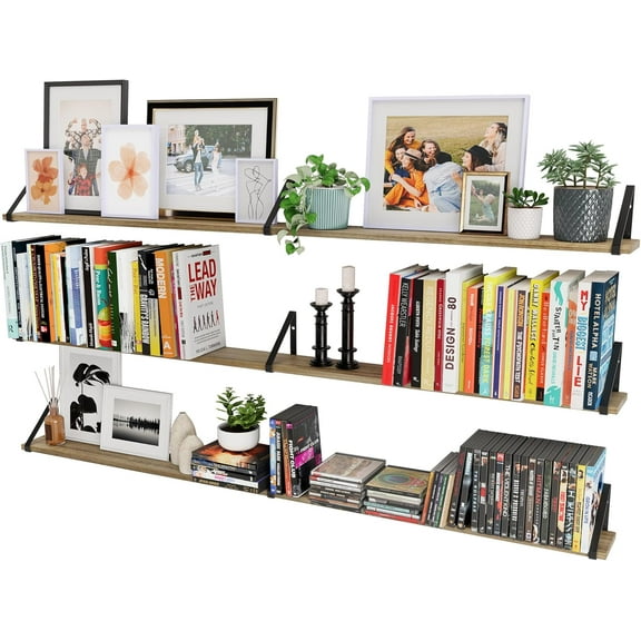 Wallniture Ponza 60 inch Long & 4.5 inch Wide Rustic Floating Shelves for Wall, Wall Bookshelf for Living Room, Floating Wall Shelf for Home Office, Bedroom, Kitchen, Set of 3, Burnt, Wood