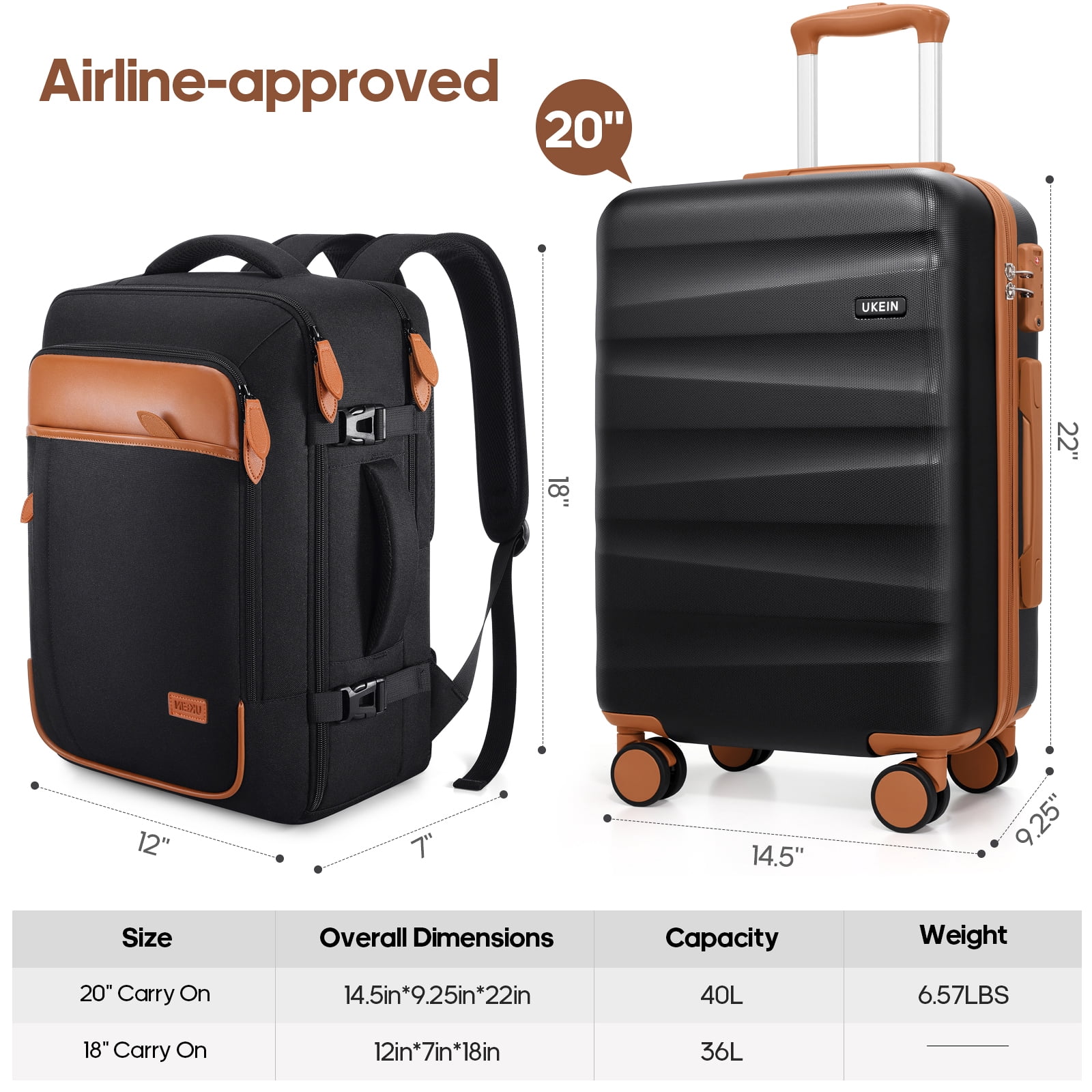 UKEIN Carry On Luggage 20 Inch Hardside Suitcase with YKK Zippers TSA Lock and Spinner Wheels Luggage Sets with Travel Backpack 3 Packing Cubes for Men Women