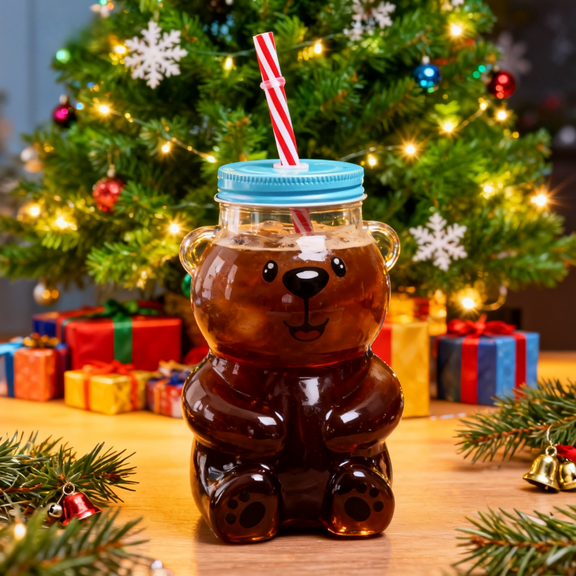 Viral 18.6oz Bear Glass Cold Cup, Bear-Shaped Cup with Straw, Perfect for Iced Coffee, Cold Brews, Cocktails, and Holiday Drinkware Gifts for Coffee Lovers,(1 Bear Cup with Straw)
