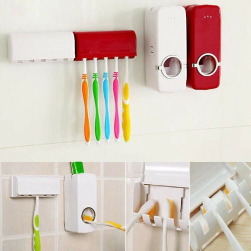 Attoe Multifunctional Wall-Mounted Space-Saving Toothbrush and Toothpaste Squeezer Kit with Dustproof Cover Grey Toothbrush Holder with 2 Automatic Toothpaste Dispenser 5 Toothbrush Slots and 4 Cups