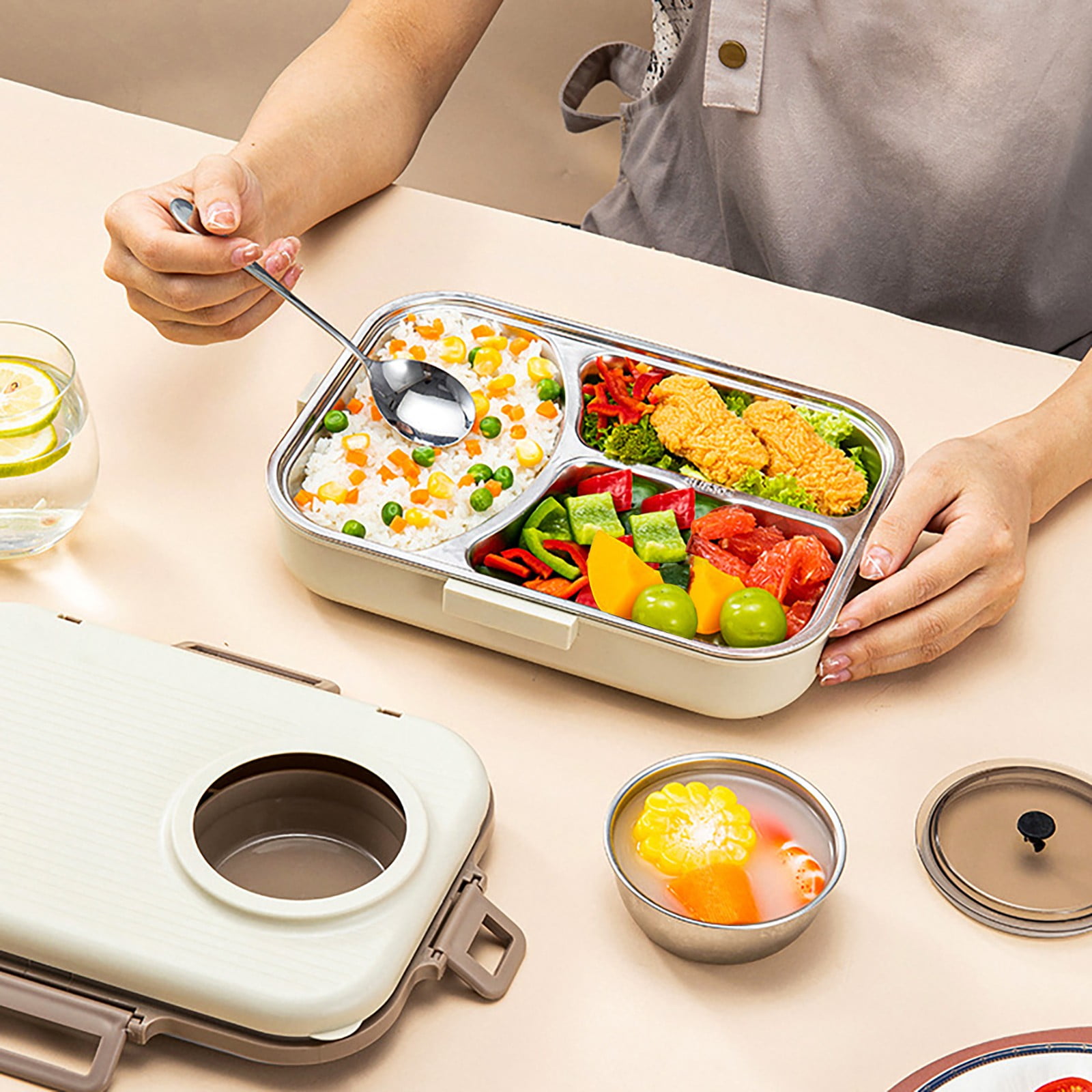 Lille Home Stainless Steel Leakproof 2-Compartment Bento Lunch Box/Portion Control Food Container with Lunch Bag and Cutlery Set, BPA Free (Pink)