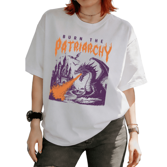 Burn The Patriarchy Dragon Fire Castle Graphic Tees T-shirt Feminist Fantasy Retro Short Sleeve Round Neck White S-5XL