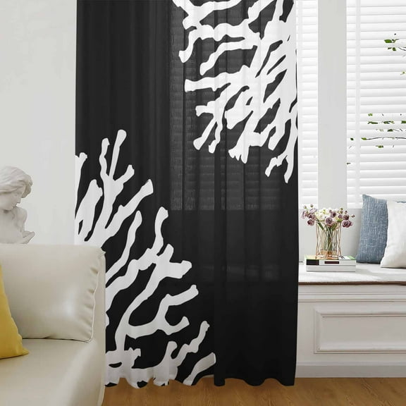 Coral Black Semi Sheer Curtains Drapes for Living Room, Bedroom, French Doors Window 72 Inches Long, Coastal White Ocean Marine Nautical Beach Rod Pocket Chiffon Curtain Drapery Voile Drape Panel