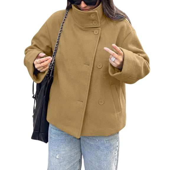 Womens Loose Crop Pea Coat Wool Blend Short Overcoat Casual Stand Collar Winter Outerwear