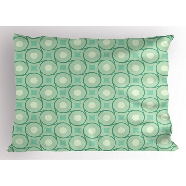 Mint Pillow Sham Circles and Dots Linked with Lines Wavy Squares