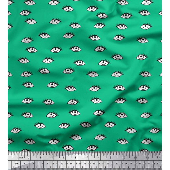 Soimoi Green Cotton Duck Fabric Eyes Face Print Sewing Fabric Yard 42 Inch Wide