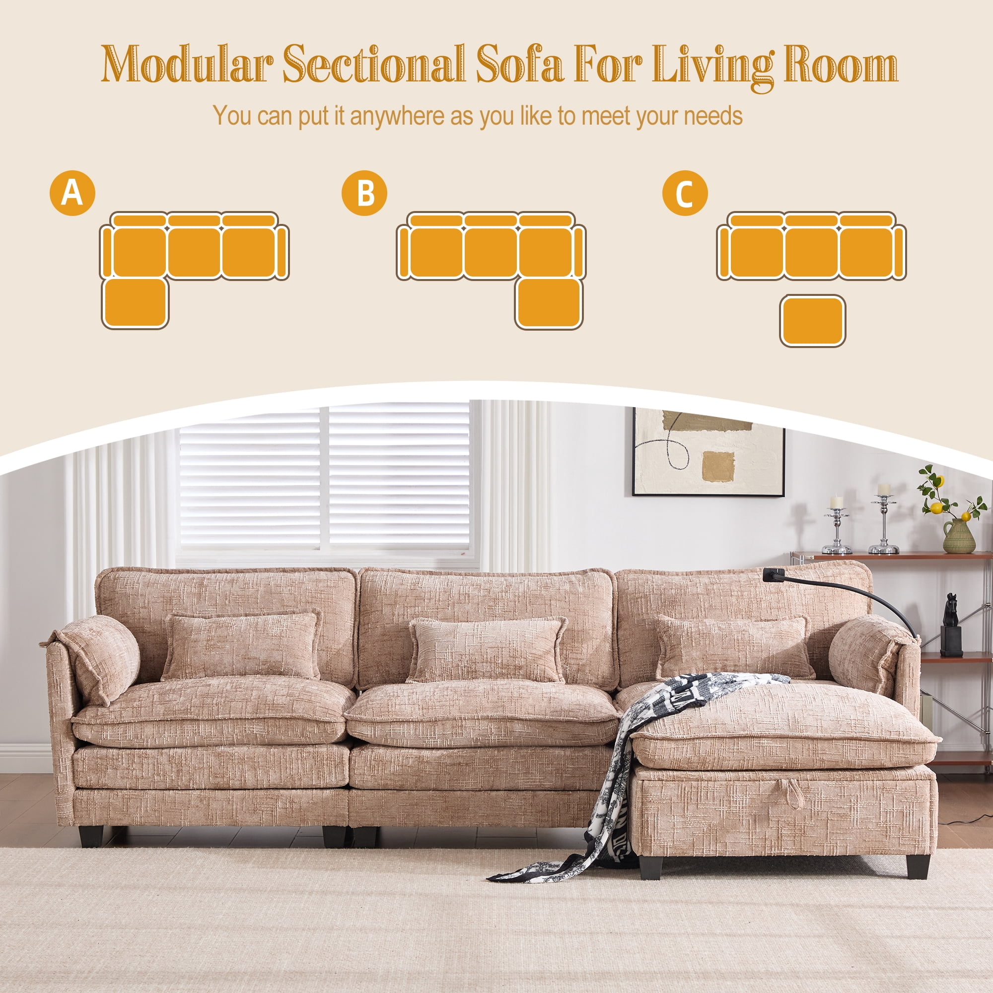MOONMISS Chenille Upholstered L-shaped Modular Sectional Sleeper Sofa with Movable Storage Ottoman,USB&TYPE-C-Khaki