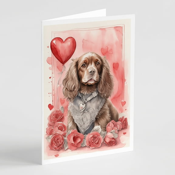 Sussex Spaniel Valentine Roses Greeting Cards Pack of 8 7 in x 5 in
