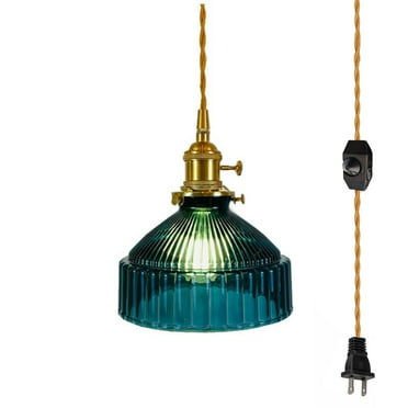 FSLiving Hanging Swag Lamp no Wiring Needed Portable Pendant Light with 15ft Plug-in Dimmable Cord Black Brass Finished E26 Socket Tiffany Ink Blue Glass Lamp Nordic Industrial Hanging Lamp - 1 Light