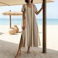 thumbnail image 5 of Pounoo Maxi Dresses for Women V Neck Short Sleeve Dresses Minimalist Style Lightweight Breathable Striped Print Side Slit Loose Fit Dresses Gift, 5 of 7
