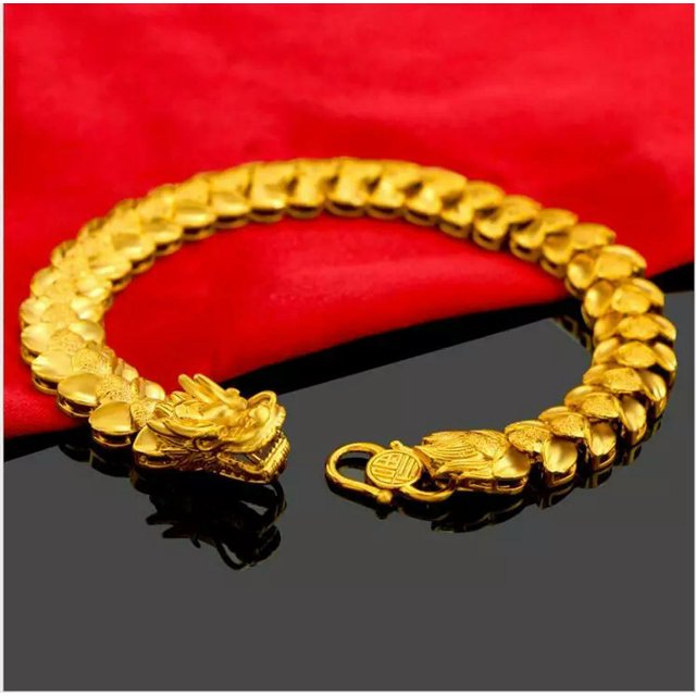 HOOUN Bracelet Dragon Homme 24K BAHT Thaïlandais Or Jaune GP 8.2 Pouces 30g