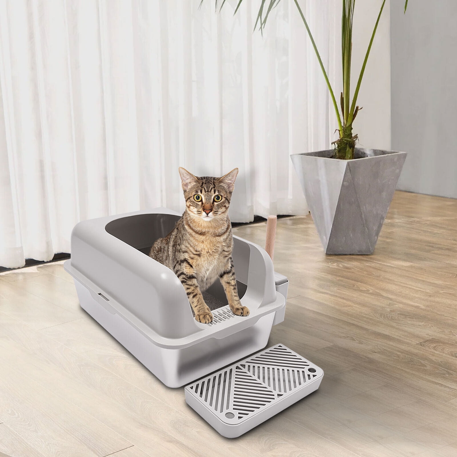 20L Stainless Steel Cat Litter Box Large Litter Box with Guardrial Scoop