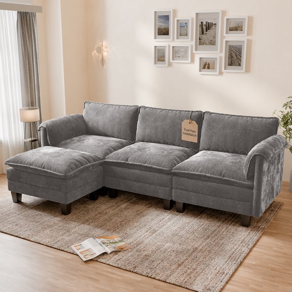 WACASA 120" Oversized Modular Sectional Sofa with 1 Movable Ottoman, 4-Seat L-Shaped Chenille Deep Seat Cloud Couch for Living Room, Grey