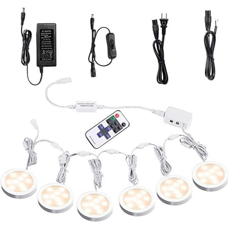 

AIBOO Linkable Under Cabinet LED Lighting 12V Dimmable Puck Lights with Wireless RF Remote Control Hardwired & Wall Plug in for Counter Lighting(6 Lights Warm White)