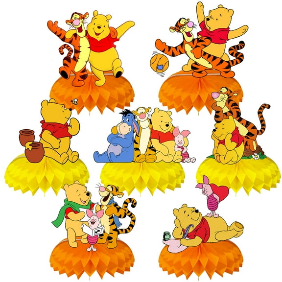 7pcs Winnie the Pooh Theme Cartoon style 3D Double Side Honeycomb Centerpieces Table Toppers, Birthday Party Decorations Supplies for kids.