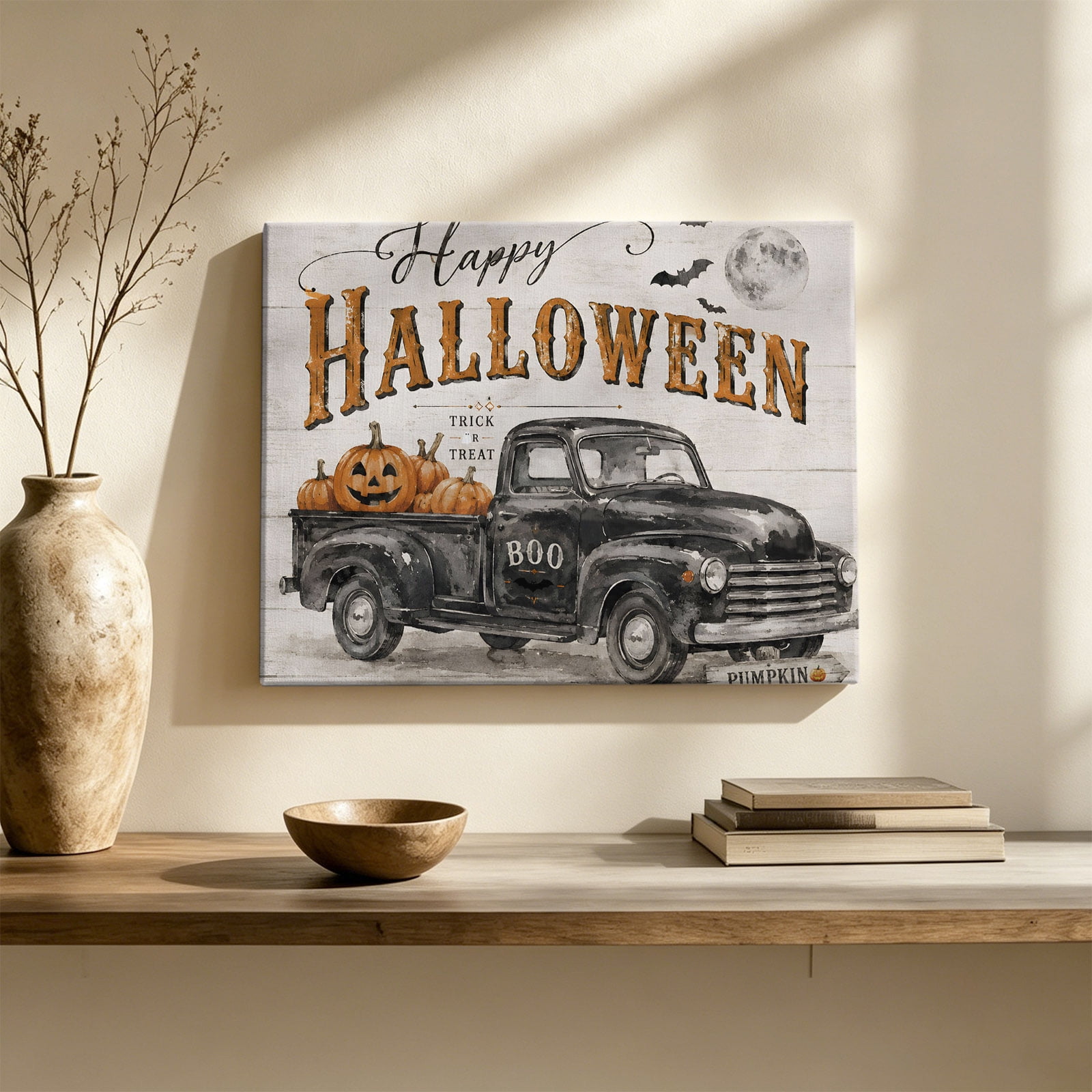 Happy Halloween Canvas Wall Art Fall Vintage Truck Pumpkins Rustic Farmhouse Wall Art Prints Artwork Framed Canvas Ready to Hang Art Pictures for Living Dining Room Bedroom Hallway 30 x 20