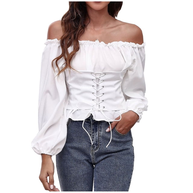 Tops de camisa de gasa de manga larga con cuello unidireccional de farol elástico con espalda sólida con cordones para mujer a la moda Pompotops gfhjh21344