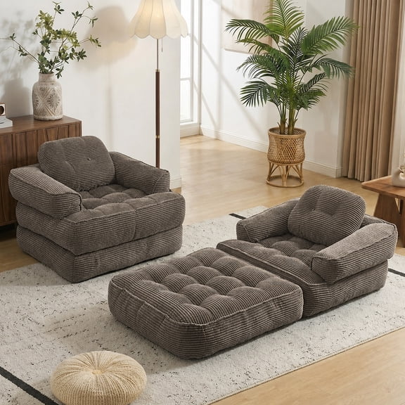 66.9 Inch Folding Sofa Bed, Convertible 2-in-1 Portable Floor Couch with Armrest, Corduroy Upholstery with Pillows for Bedroom and Living Room