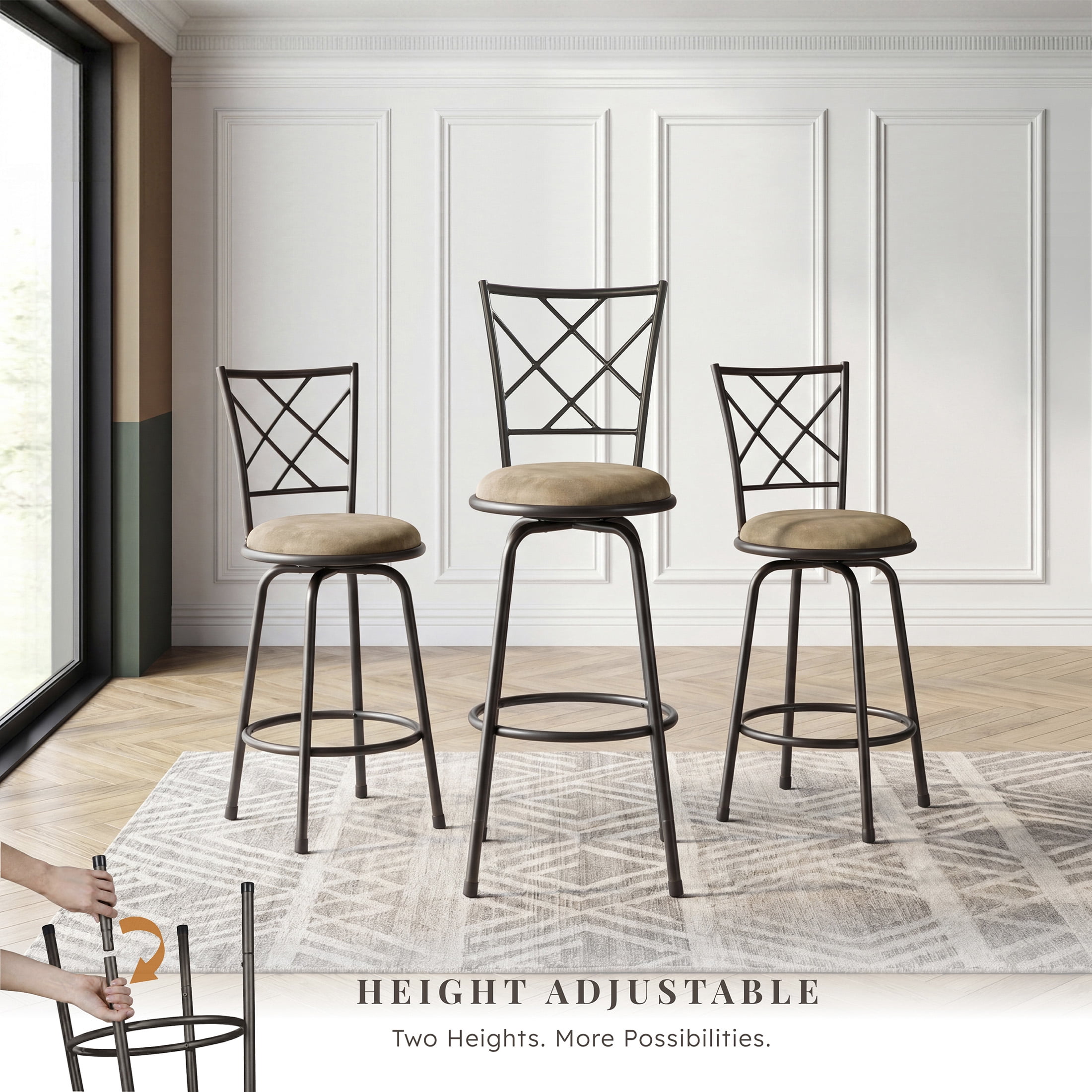 OakvillePark Alto Round Seat Cross Open Back Convertible Swivel Counter/Pub Height Chair, Dark Brown (Set of 3)