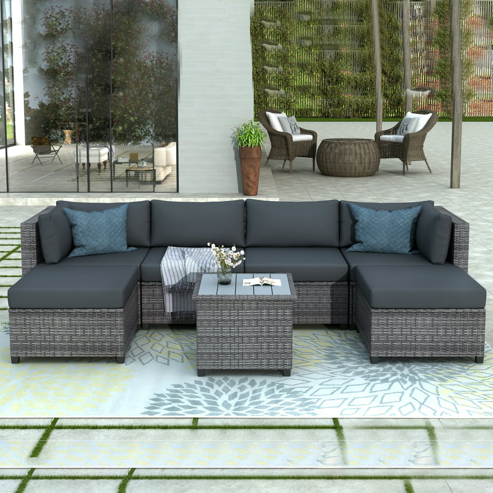 Outdoor Patio Furniture Sets, 7 Piece Wicker Sectional Sofa Set, Patio