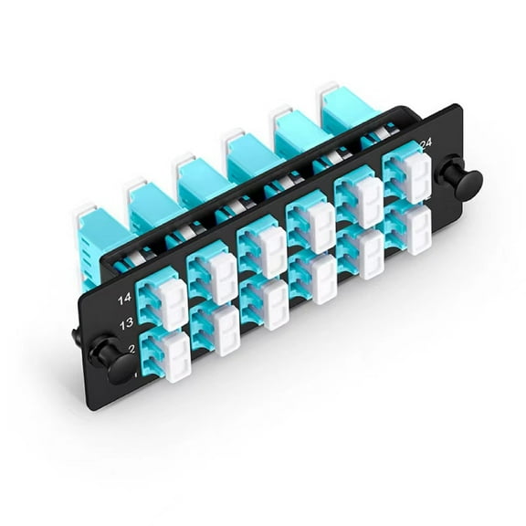 Fiber Adapter Panel, 12 LC Duplex 10G OM3/OM4 (Aqua) with Ceramic Sleeve, Tool-less Snap Installation