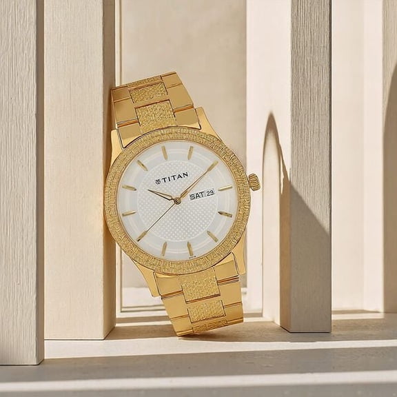 Titan Quartz Analog with Day and Date Silver Dial Golden Stainless Steel Strap Watch For Men