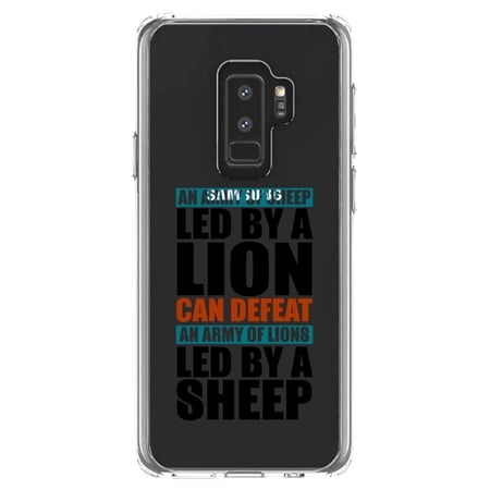 DistinctInk Clear Shockproof Hybrid Case for Samsung Galaxy S9+ PLUS (6.2 Screen) - TPU Bumper Acrylic Back Tempered Glass Screen Protector - Sheep Led By Lion Defeat Lions Led By Sheep