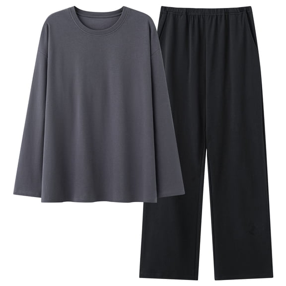 Hueook Winter Pajamas for Women Plus Size Unisex Casual Fashion Solid Color Long Sleeved Round Neck Pocket Set Top Pants Pajama Set Black XL