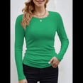 thumbnail image 3 of Camisetas Básicas Ajustadas Informales de Cuello Redondo y Larga Acanaladas para Mujer Verde M, 3 of 6