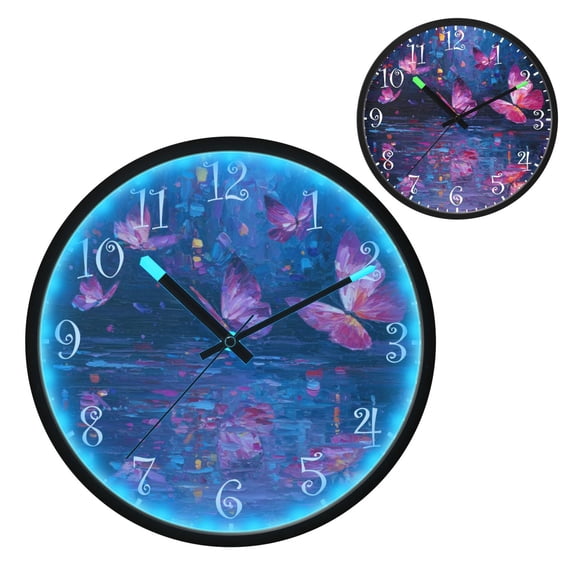Voice Activated Clock with Glow Light 12 Inch Large Silent Wall Clock Battery Operated for Home Decor Night Scene and Butterflies