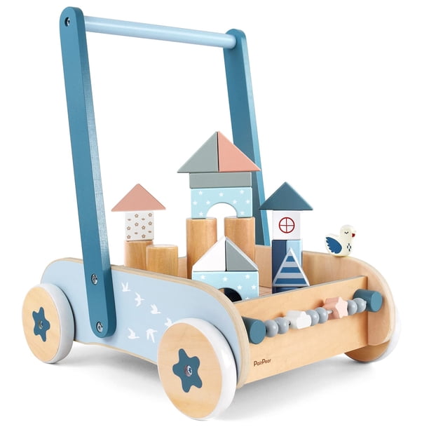PairPear Andador de Madera para Bebés, Andador de Empuje para Bebés, Juguete de Andador Montessori con Bloques de Construcción, Velocidad Ajustable, Andador de Bloques para Bebés, Juguetes para Niños