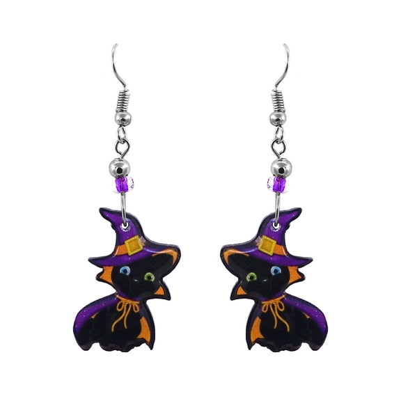 Black Cat Halloween Themed Graphic Dangle Earrings - Womens Fashion Handmade Jewelry Holiday Accessories