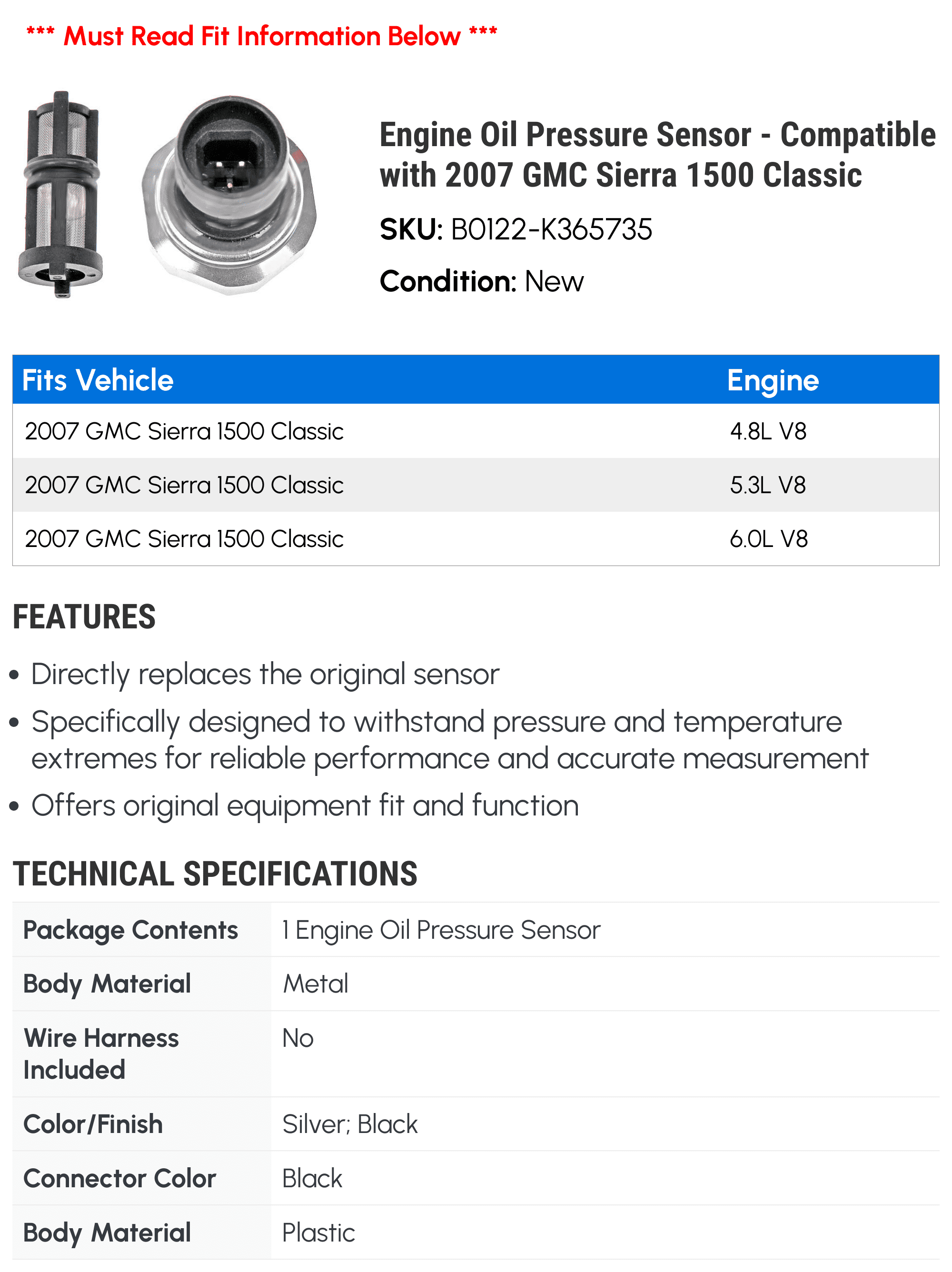 Engine Oil Pressure Sensor - Compatible with 2007 GMC Sierra 1500 Classic