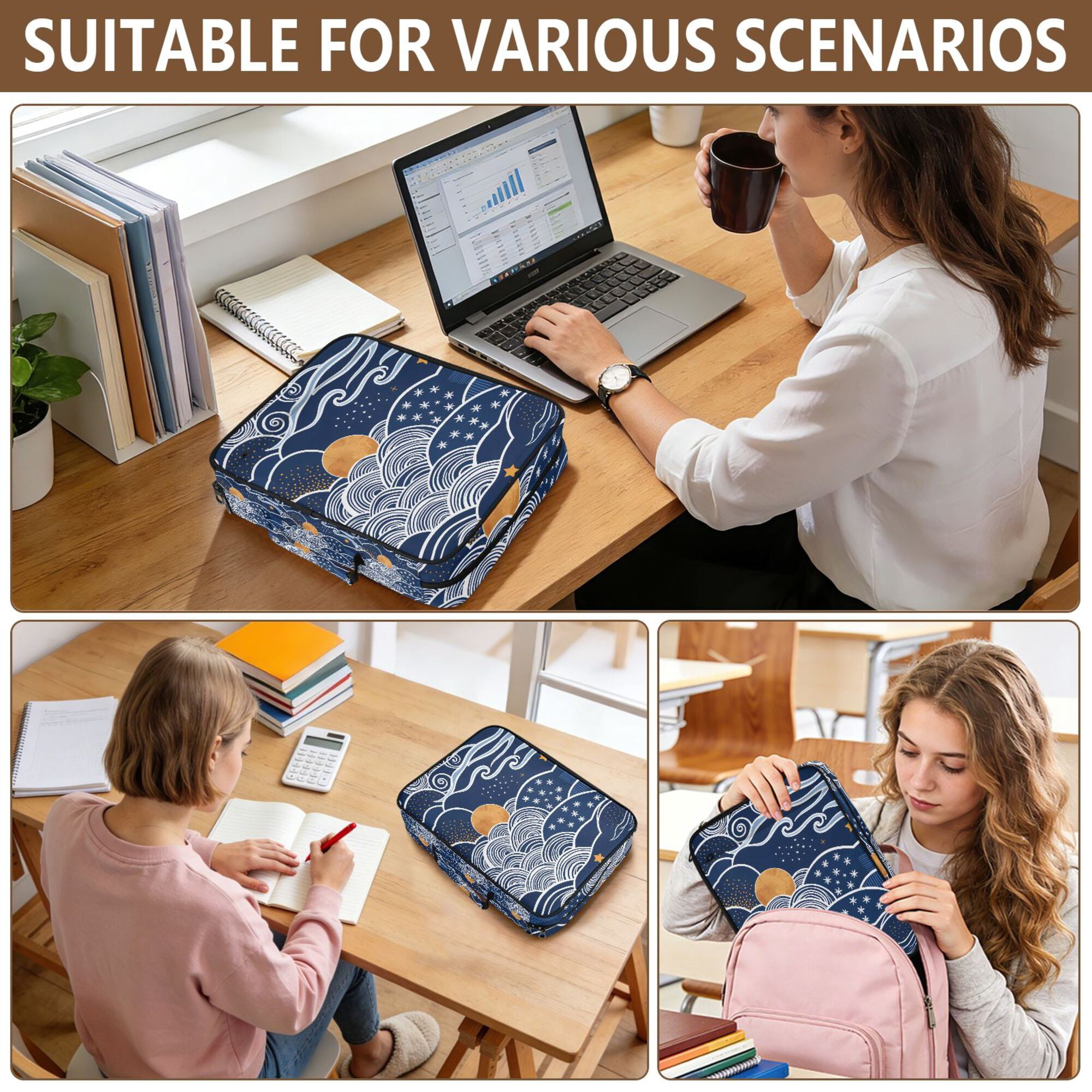 FORMRS Accordion File Folder A4 Size 7-Pocket Expanding Document Organizer Bag with 3 Ring Binder, Blue Night Sky