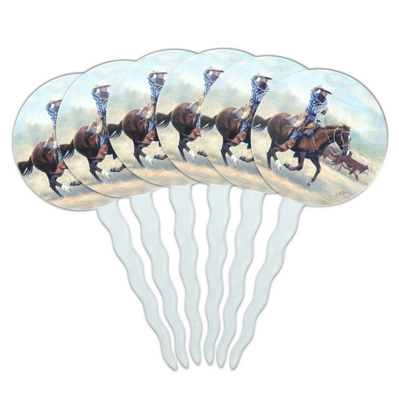 Cattle Drive Western Cowboy In the Loop Cupcake Picks Toppers Decoration Set of 6
