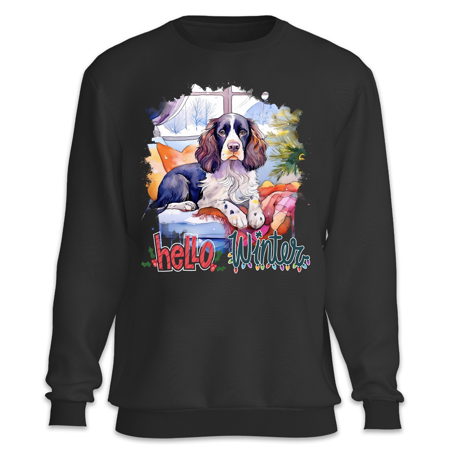 Watercolor Hello Winter English Springer Spaniel Chill Christmas Welcome Sweatshirt Unisex Merch Springers Dog Lover Gifts - 00016