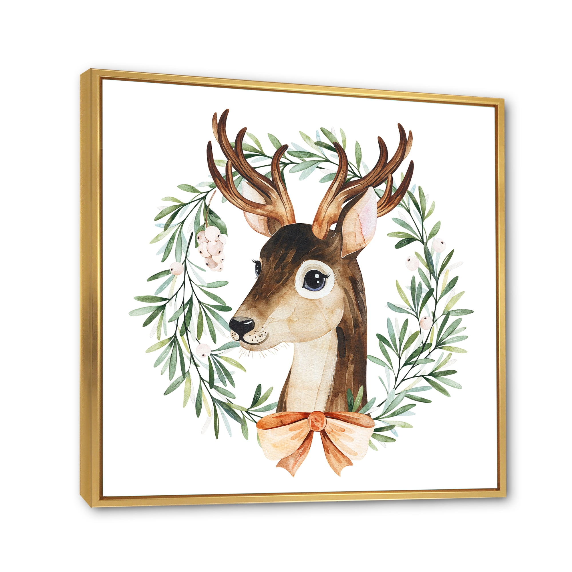 Designart 'Floral Wreath Isolated On White Over Deer' Farmhouse Framed Canvas Wall Art Print