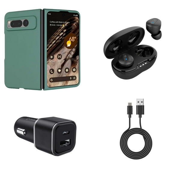Premium Accessories for Google Pixel Fold - Snap-On Slim Protective Matte Finish Cover Phone Case (Midnight Green), Wireless Earbuds, 30W Dual (USB-C, USB-A) Car Charger, Type-C to USB Cable