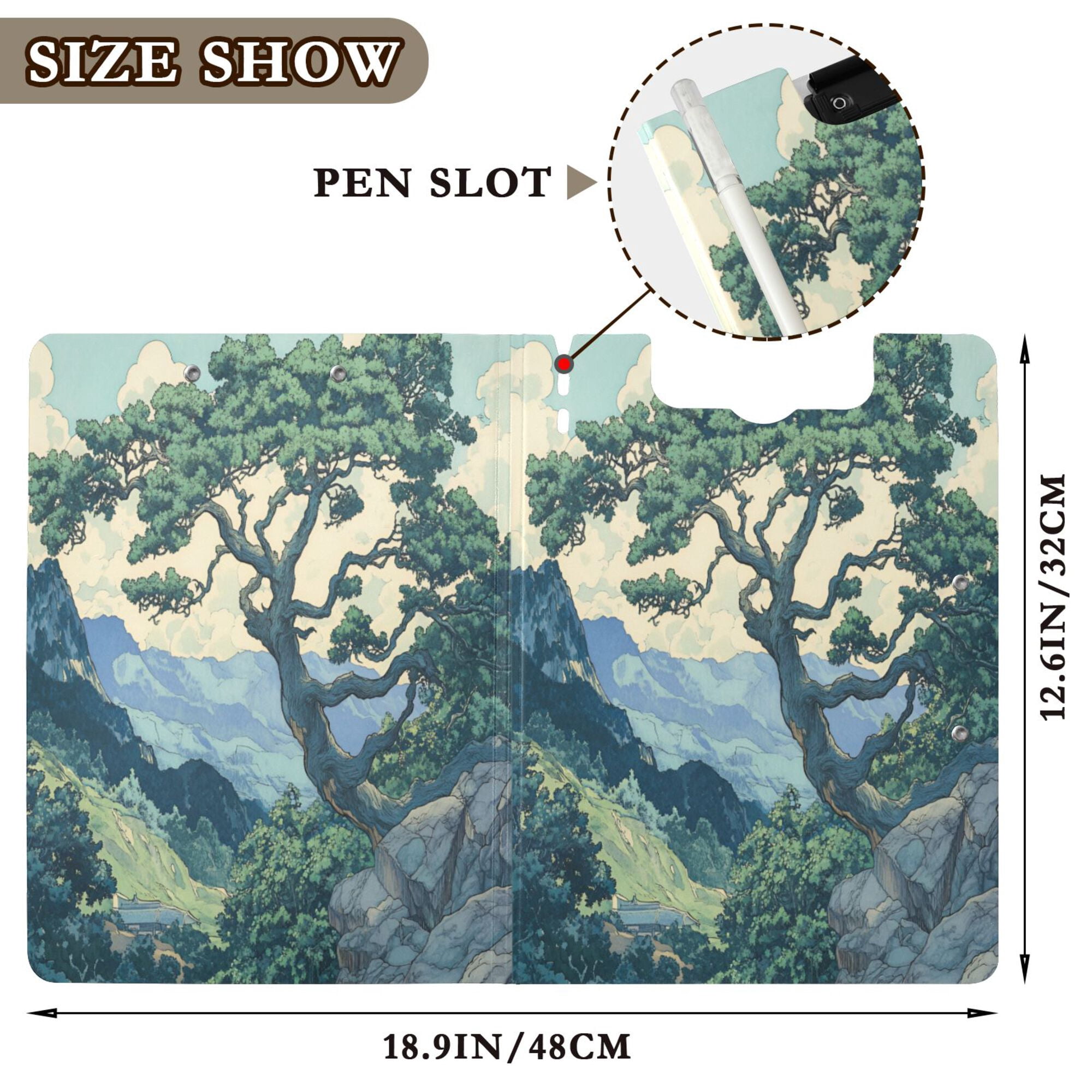 FORMRS A4 Clipboard Folder with Pen Holder Horizontal Foldable School Office Binder, Retro Tree