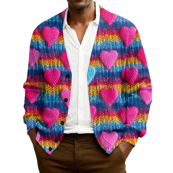 QHRMKOG Cardigan for Men Romantic Valentine's Day Heart Cardigan Sweater Print Relaxed Fit Long Sleeve V Neck Button Up Cardigan Trendy Ribbed Knited Sweater Purple XL