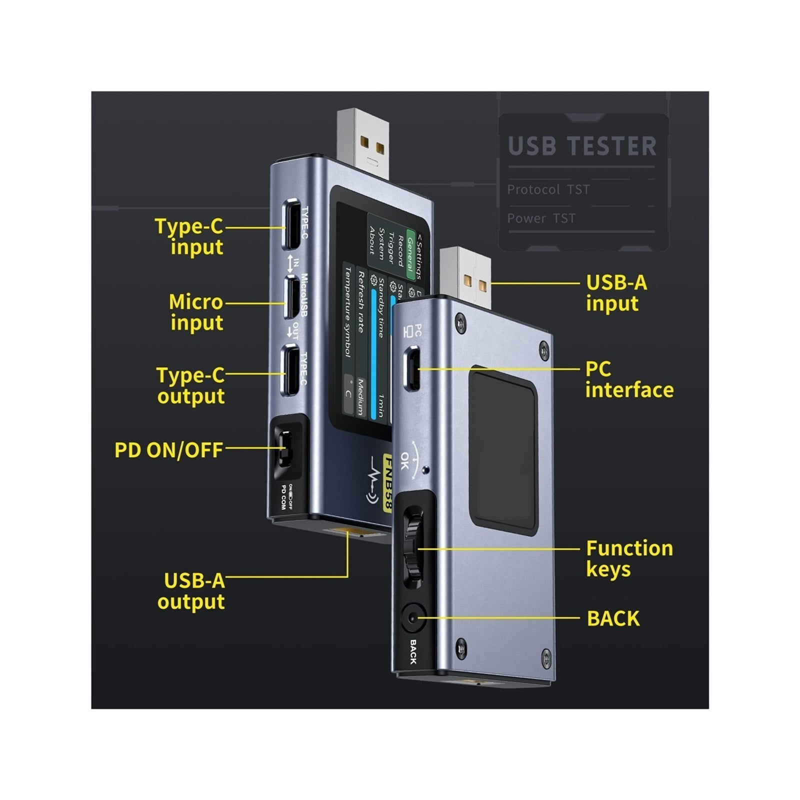 FNB58 USB Tester Voltmeter Ammeter TYPE-C Fast Charge Detection Trigger Capacity Measurement Ripple Measurement ,Live Data
