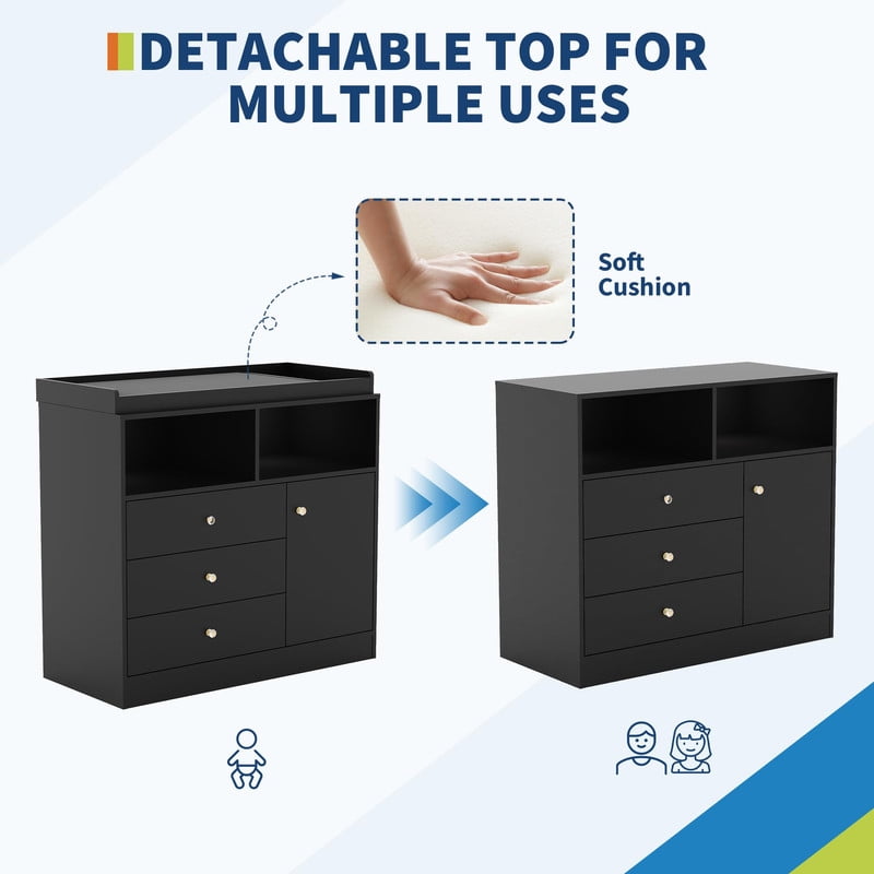 TROPOW Baby Changing Table Dresser with Detachable Top, Wooden Diaper Station with 3 Drawers, 2 Shelves & Cabinet, Modern Nursery Dresser for Baby Room, Black