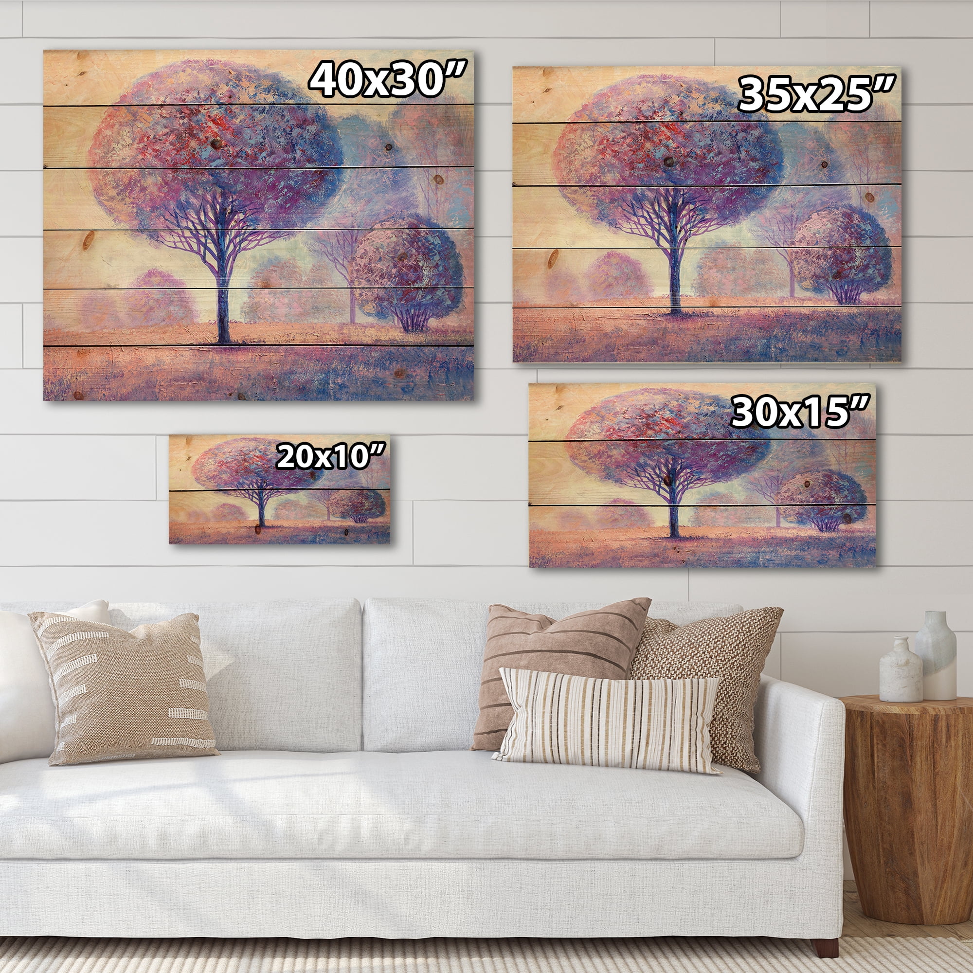 Designart 'Colourful Trees Abtract Impression II' Traditional Print on Natural Pine Wood