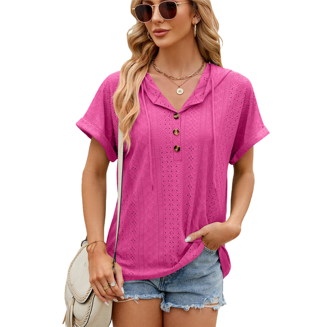Blusa con Capucha y Botones de Color Liso para Mujer, Blusa Informal de Verano con Cordón Ajustable. Rosa Roja XXL