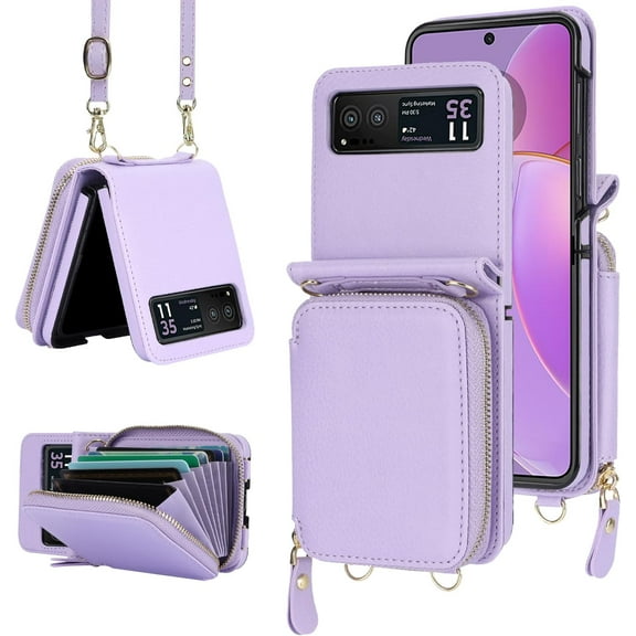 MYKOMI Phone Case for Motorola Razr 40/Moto Razr 2023 Wallet Cover with Credit Card Holder Zipper Slot Shoulder Crossbody Strap Lanyard RFID Blocking Mobile TPU Cell Purse XT2323-6 Women Girls Purple