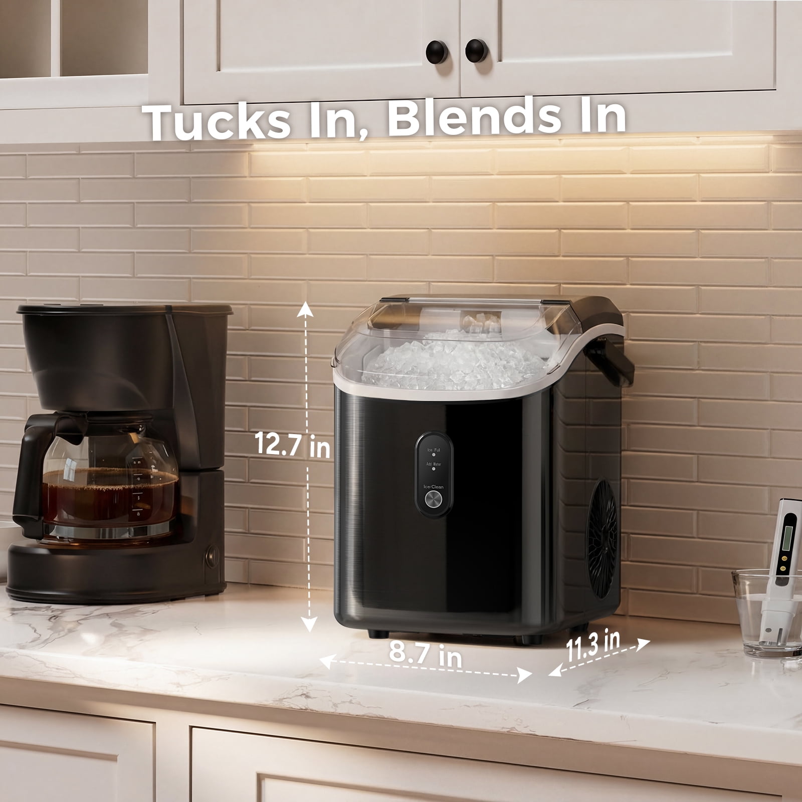 Goosiay 33lb Nugget Ice Maker Countertop, Portable Pebble Ice Machine with Handle, Soft Chewable Pellet, Stainless Steel Black