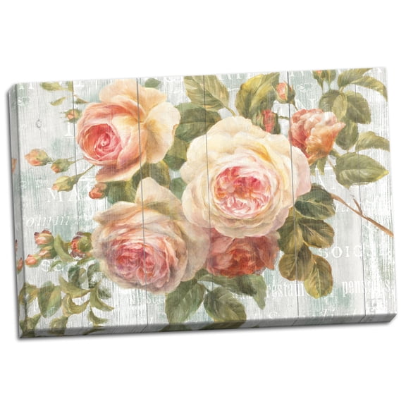 Gango Home Decor Shabby-Chic Vintage Roses on Driftwood by Danhui Nai (Ready to Hang); One 18x12in Hand-Stretched Canvas